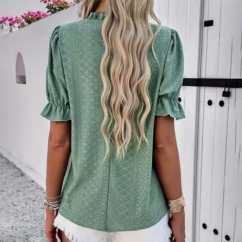 Women's Elegant Ruffle Detail Blouse Short Sleeve Round Neck Top