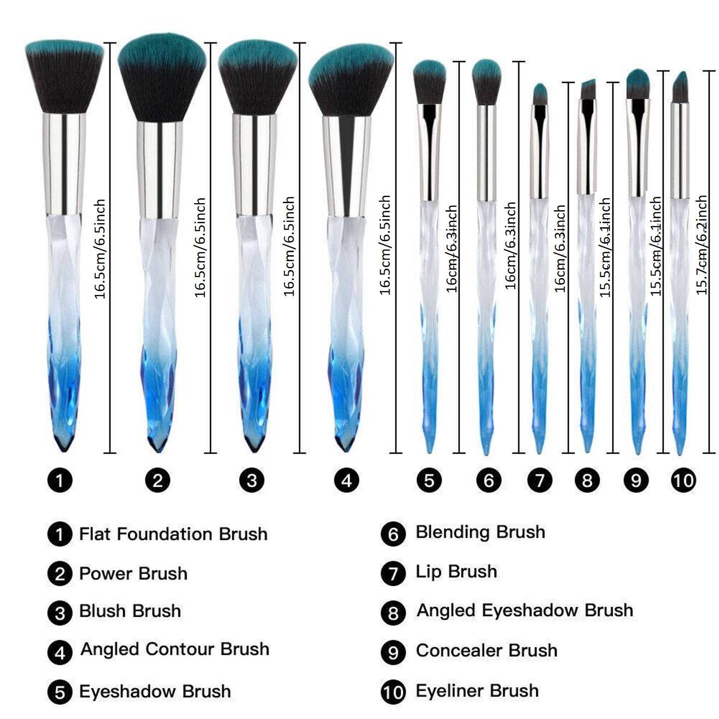 10pcs Professional Makeup Brush Crystal Blue