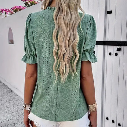 Women's Elegant Ruffle Detail Blouse Short Sleeve Round Neck Top
