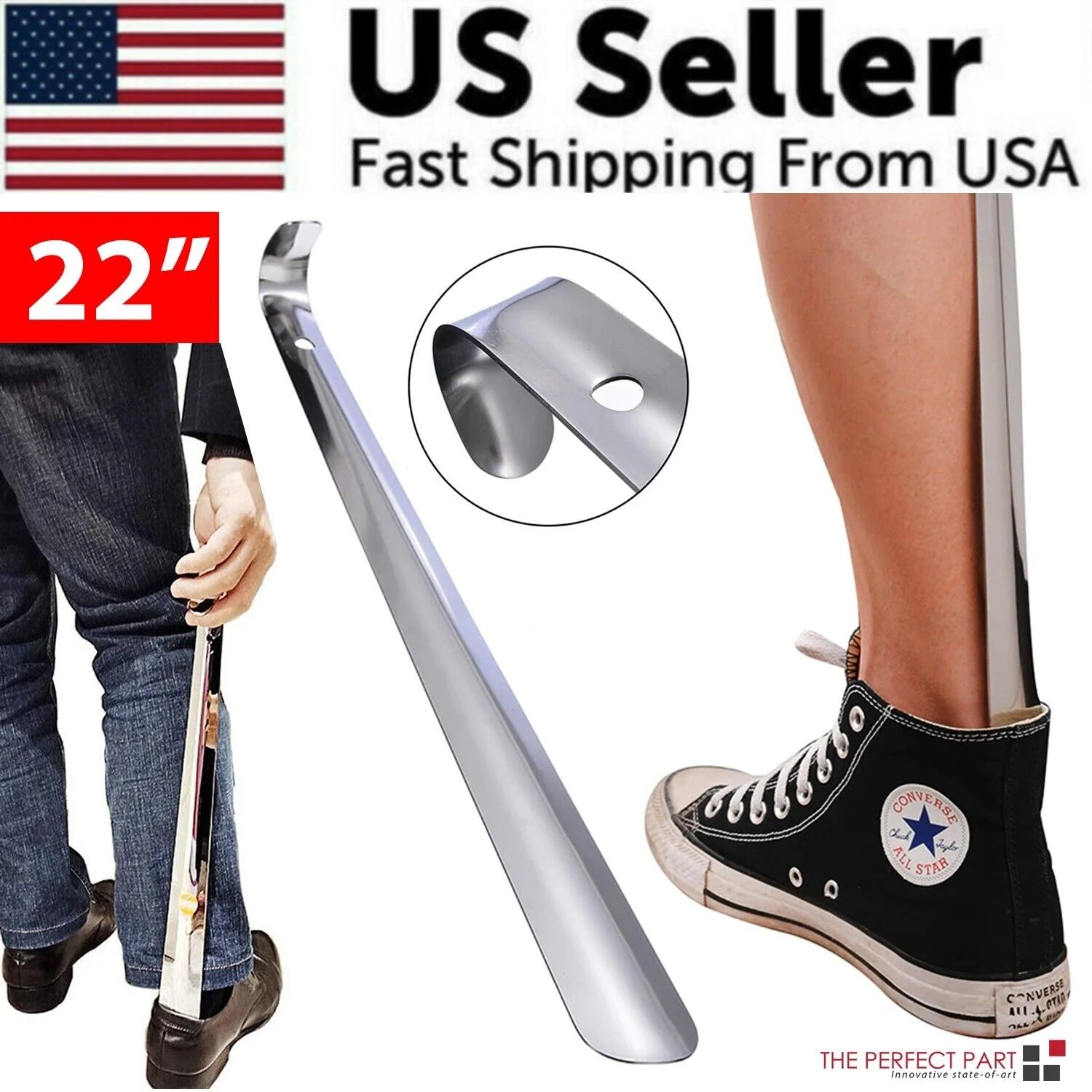 22In Extra Long Handle Shoe Horn Stainless Steel Metal Shoes Remover Shoehorn US