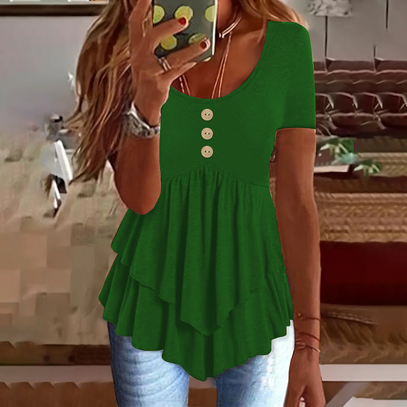 Women's Solid Color Button Front Tunic Top Casual Loose Fit Crew Neck Summer Blouse T-Shirt