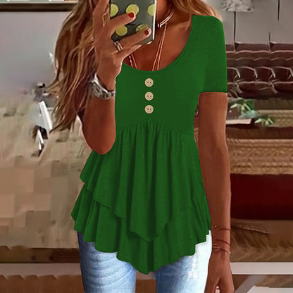 Women's Solid Color Button Front Tunic Top Casual Loose Fit Crew Neck Summer Blouse T-Shirt