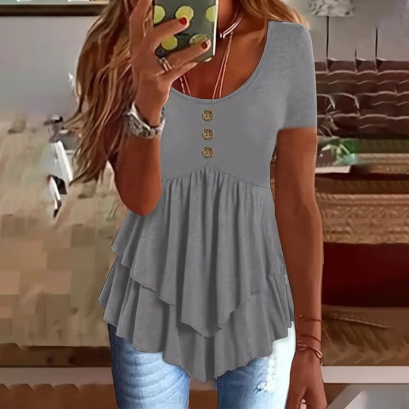 Women's Solid Color Button Front Tunic Top Casual Loose Fit Crew Neck Summer Blouse T-Shirt