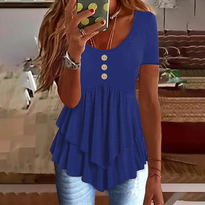 Women's Solid Color Button Front Tunic Top Casual Loose Fit Crew Neck Summer Blouse T-Shirt