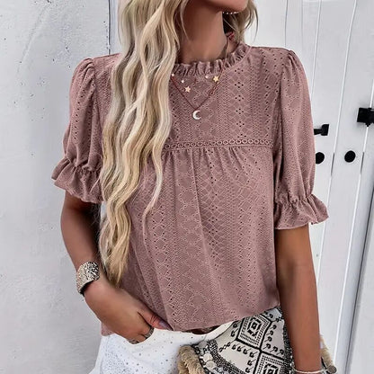 Women's Elegant Ruffle Detail Blouse Short Sleeve Round Neck Top