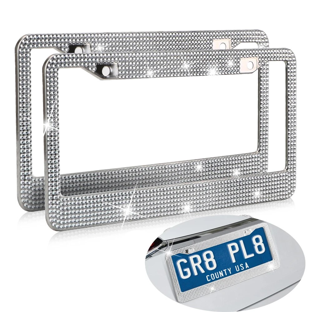 2PCS Bling License Plate Frame Glitter Crystal Sparkling Rhinestone