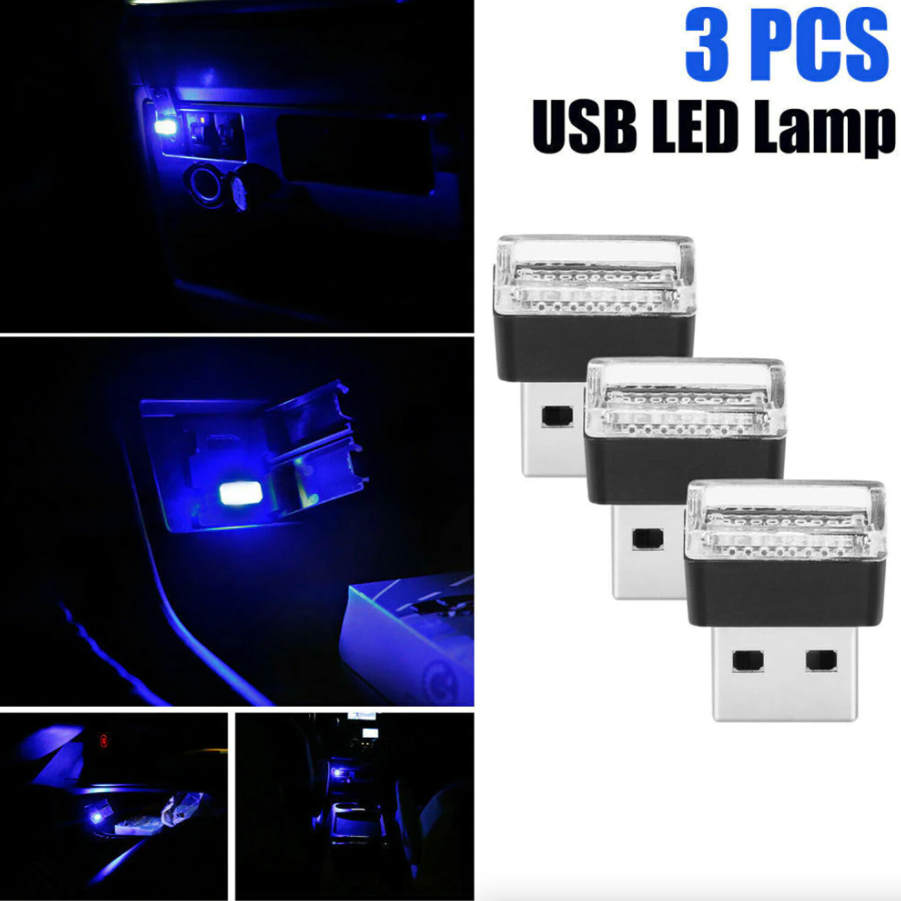3x Mini Blue LED USB Car Interior Light Neon Atmosphere Ambient Lamp