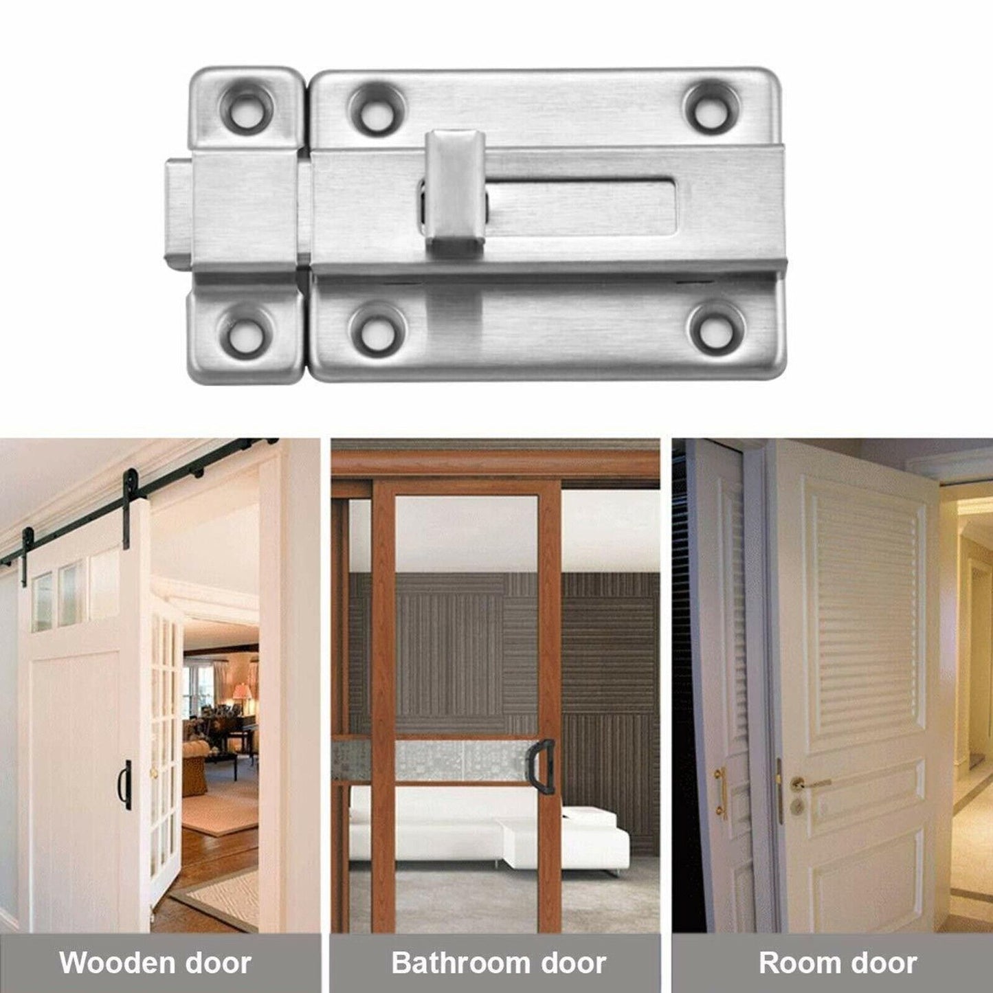 2Pcs Stainless Steel Latch Sliding Silver Doors Lock Keyless Door Bolt