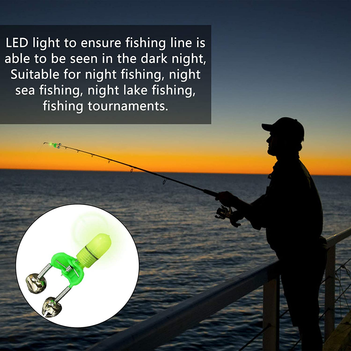 10/40 PC LED Night Fishing Bite Bait Alarm 2 Bells Light Rod Tip Clip