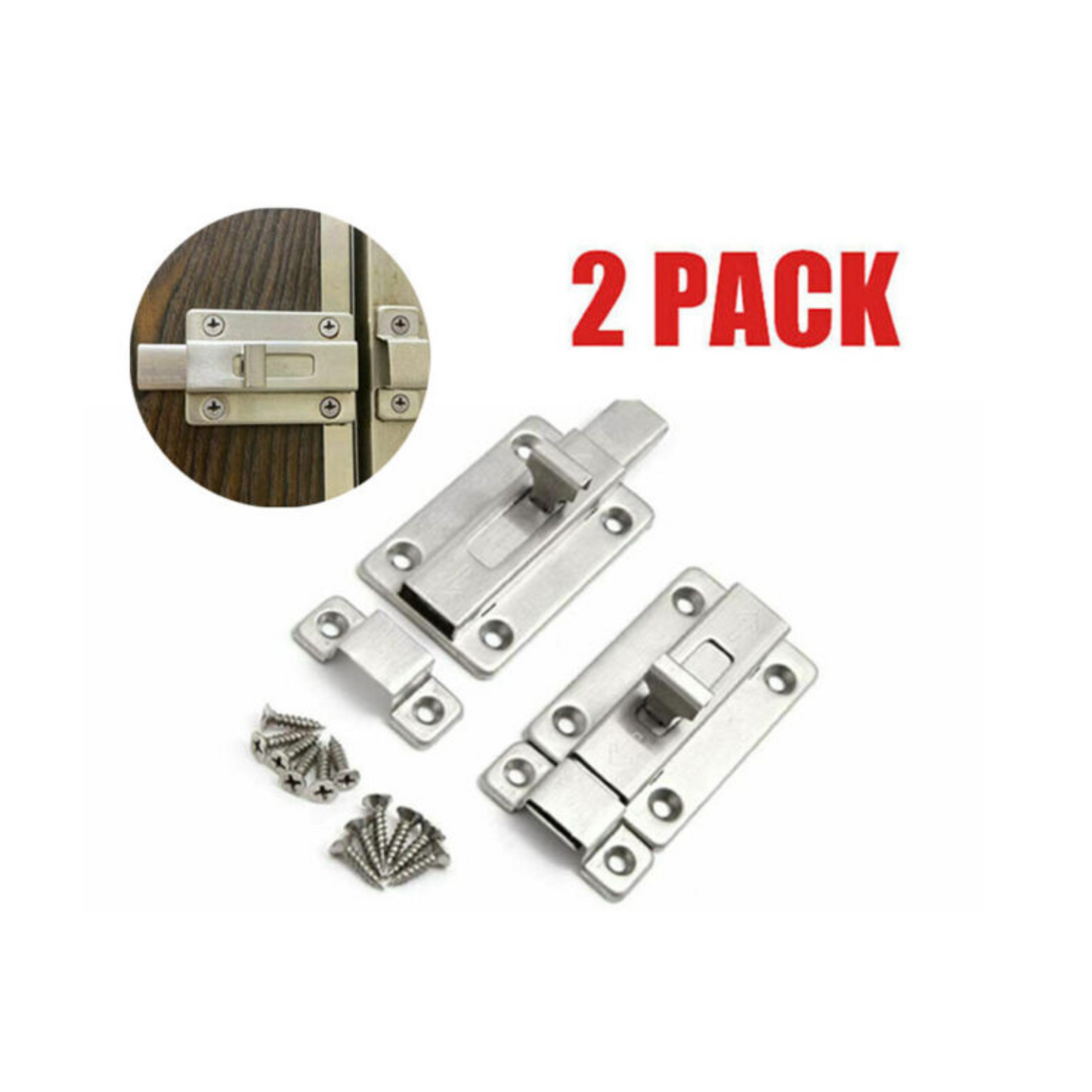 2Pcs Stainless Steel Latch Sliding Silver Doors Lock Keyless Door Bolt