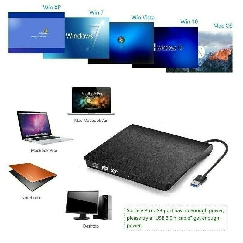Slim External CD DVD RW Drive USB 3.0 Writer Burner Player Black For