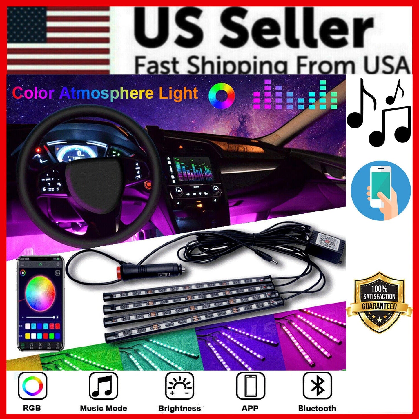 4X 48LED RGB Car Interior Atmosphere Light Strip Bar Bluetooth APP