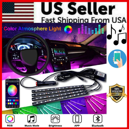 4X 48LED RGB Car Interior Atmosphere Light Strip Bar Bluetooth APP