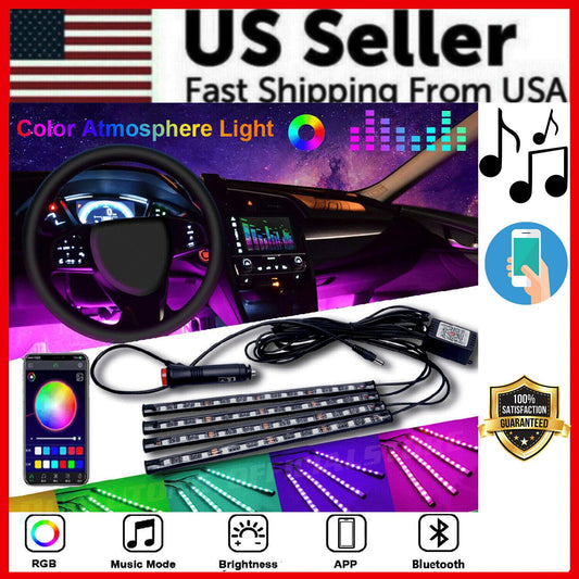 4X 48LED RGB Car Interior Atmosphere Light Strip Bar Bluetooth APP