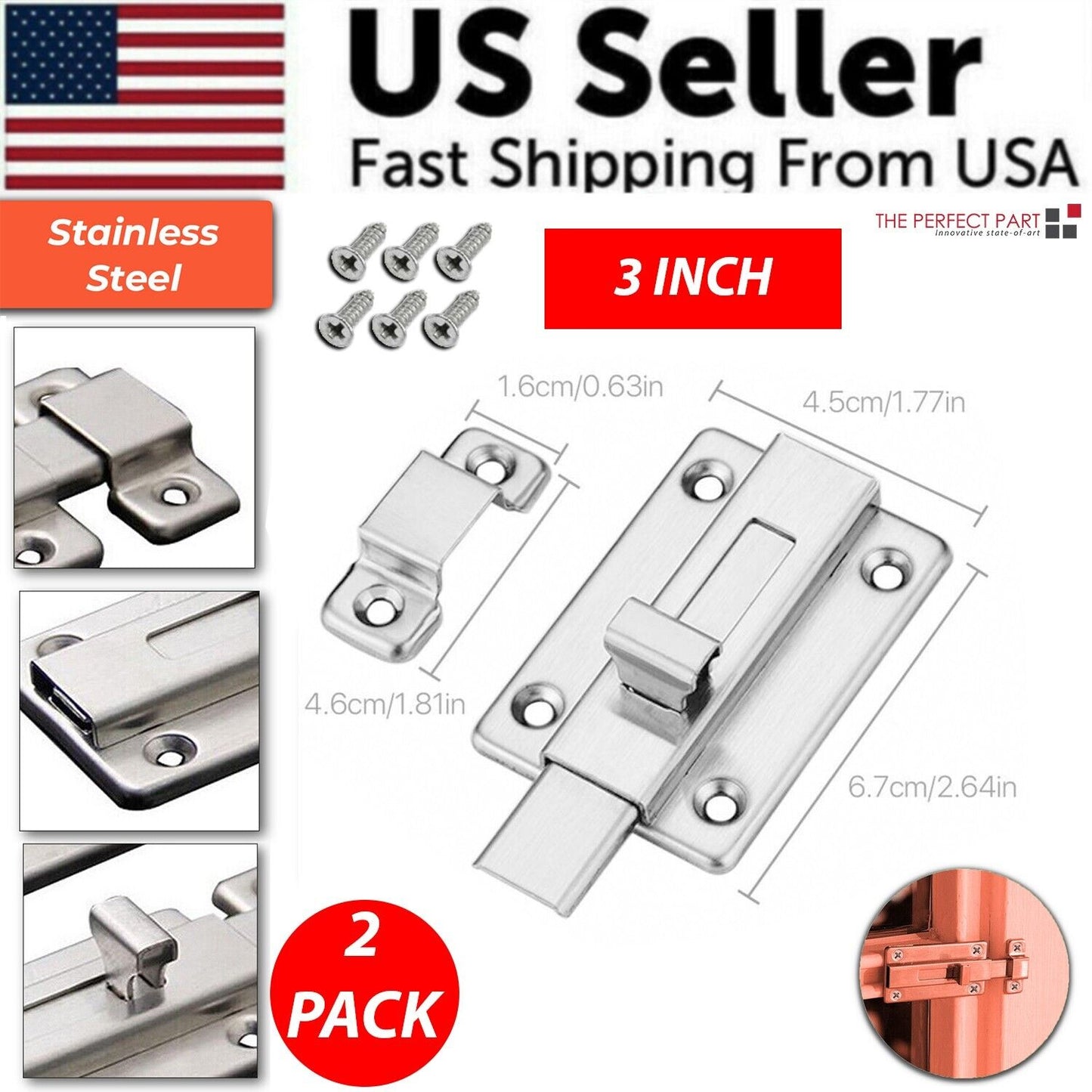 2Pcs Stainless Steel Latch Sliding Silver Doors Lock Keyless Door Bolt
