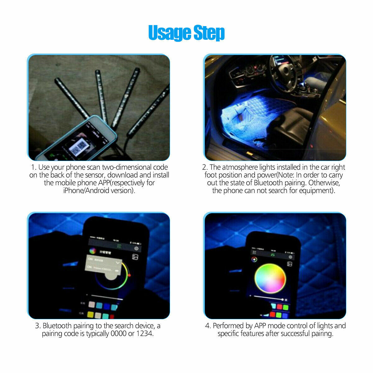4X 48LED RGB Car Interior Atmosphere Light Strip Bar Bluetooth APP