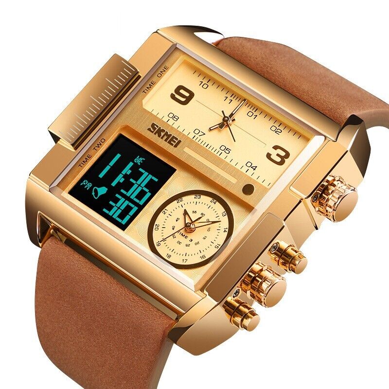 SKMEI Men Watch Large Dial Digital Quartz Sport Stopwatch Leather