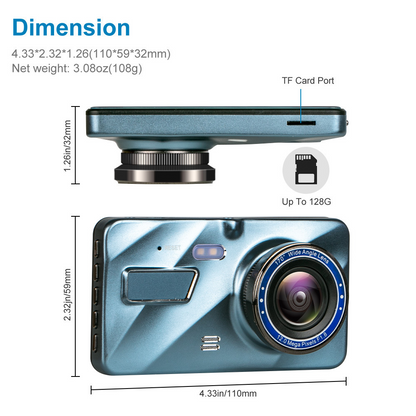 Touch Screen Dash Cam 4" 1080P Dual Lens Car DVR Recorder Front And