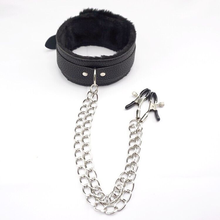 PU Leather Collar With Nipple Clamps SM Bondage Play Sex Toys For