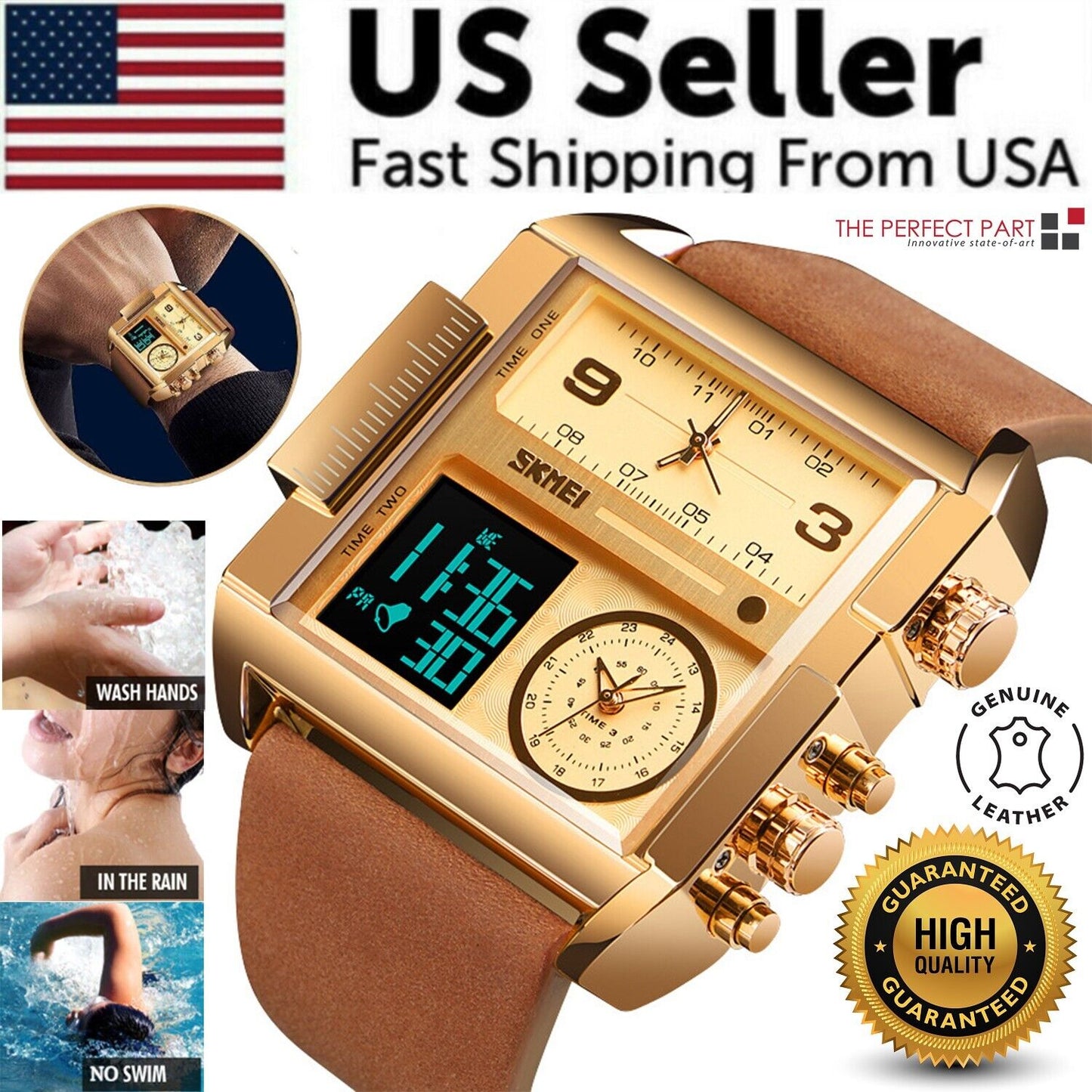 SKMEI Men Watch Large Dial Digital Quartz Sport Stopwatch Leather