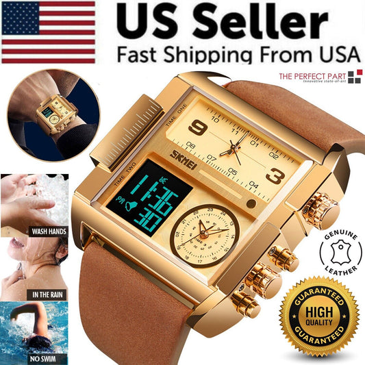 SKMEI Men Watch Large Dial Digital Quartz Sport Stopwatch Leather