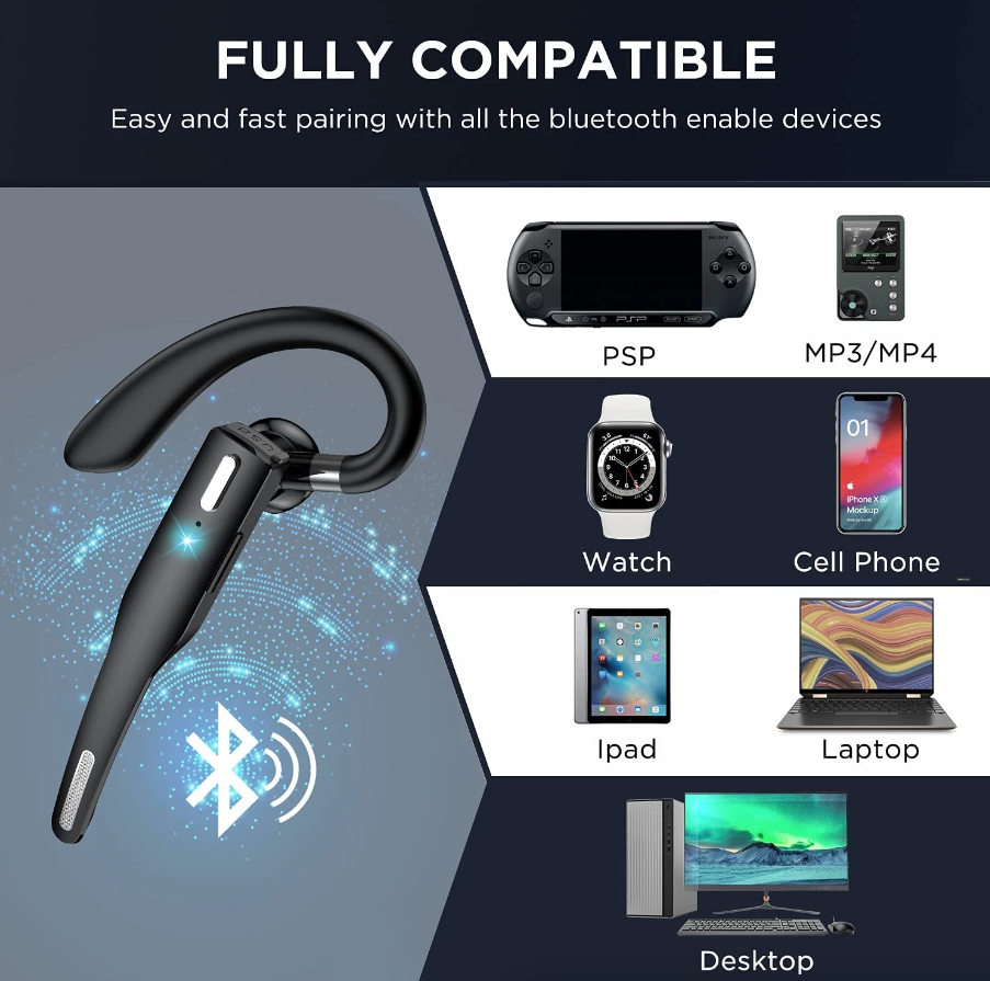 Trucker Wireless Headset Bluetooth 5.1 Earpiece Dual Mic Earbud Noise
