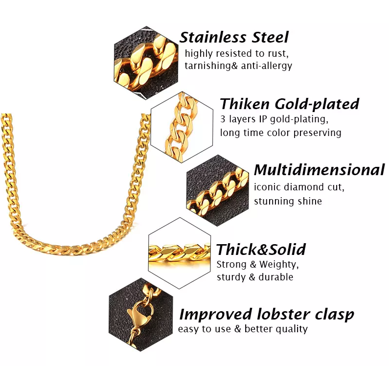 Stainless Steel Gold Silver Chain Cuban Curb Womens Mens Necklace
