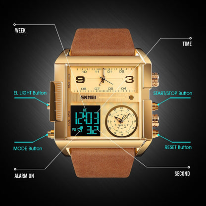 SKMEI Men Watch Large Dial Digital Quartz Sport Stopwatch Leather