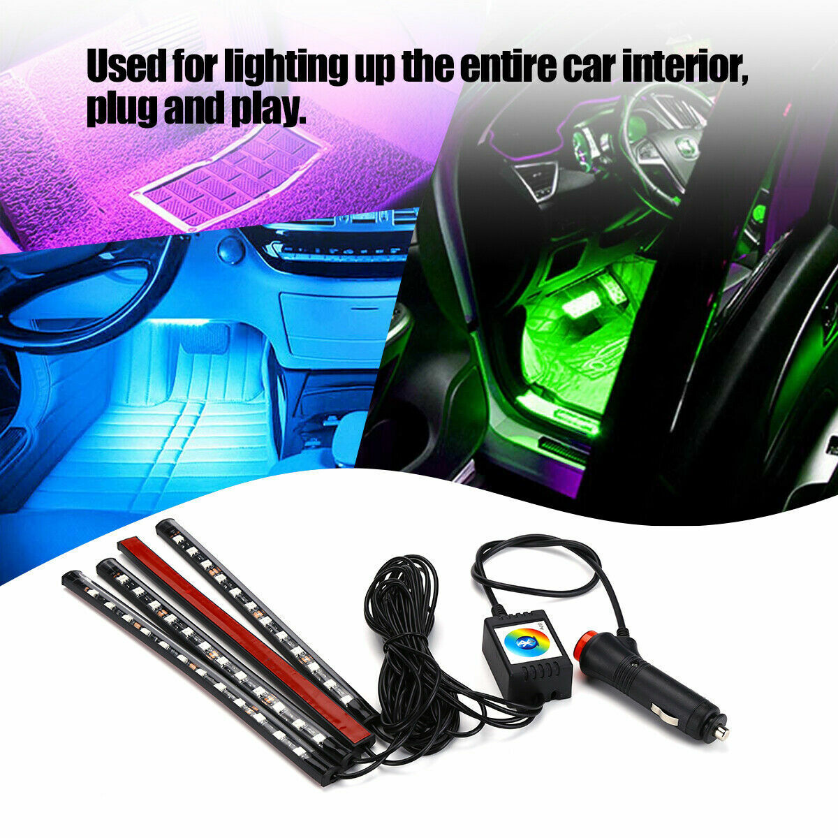 4X 48LED RGB Car Interior Atmosphere Light Strip Bar Bluetooth APP