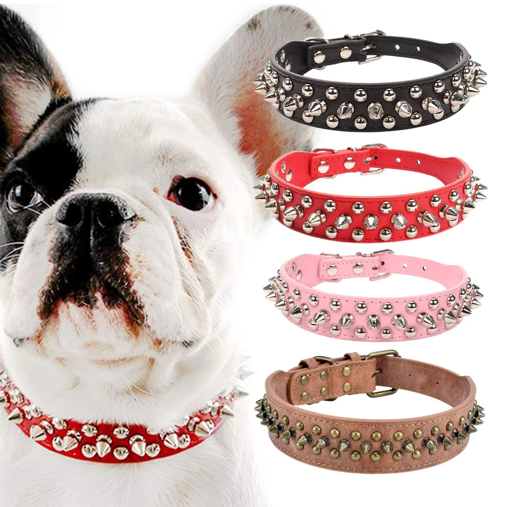 Spiked Studded Leather Dog Collar Rivets Pet Small Large Cat Pit Bull