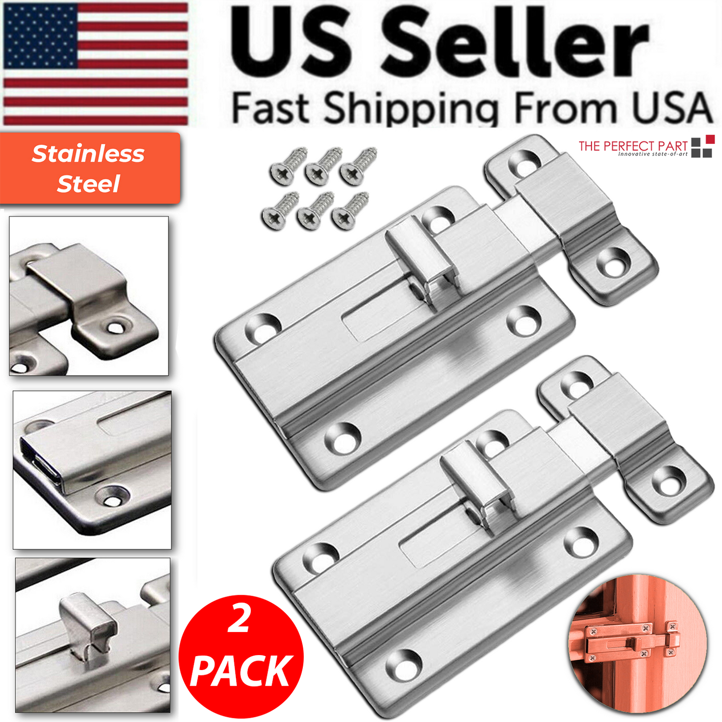 2Pcs Stainless Steel Latch Sliding Silver Doors Lock Keyless Door Bolt