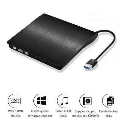 Slim External CD DVD RW Drive USB 3.0 Writer Burner Player Black For