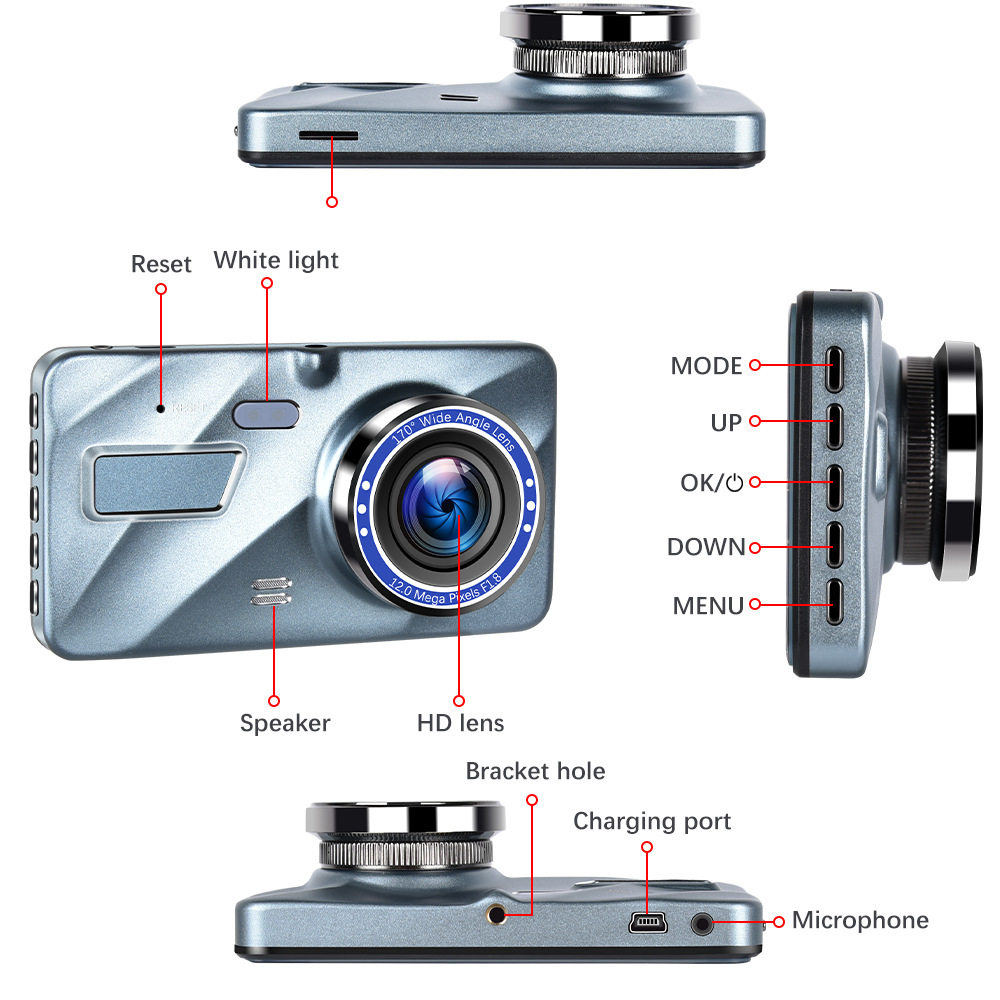 Touch Screen Dash Cam 4" 1080P Dual Lens Car DVR Recorder Front And