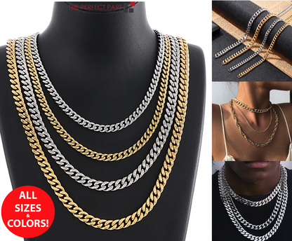 Stainless Steel Gold Silver Chain Cuban Curb Womens Mens Necklace