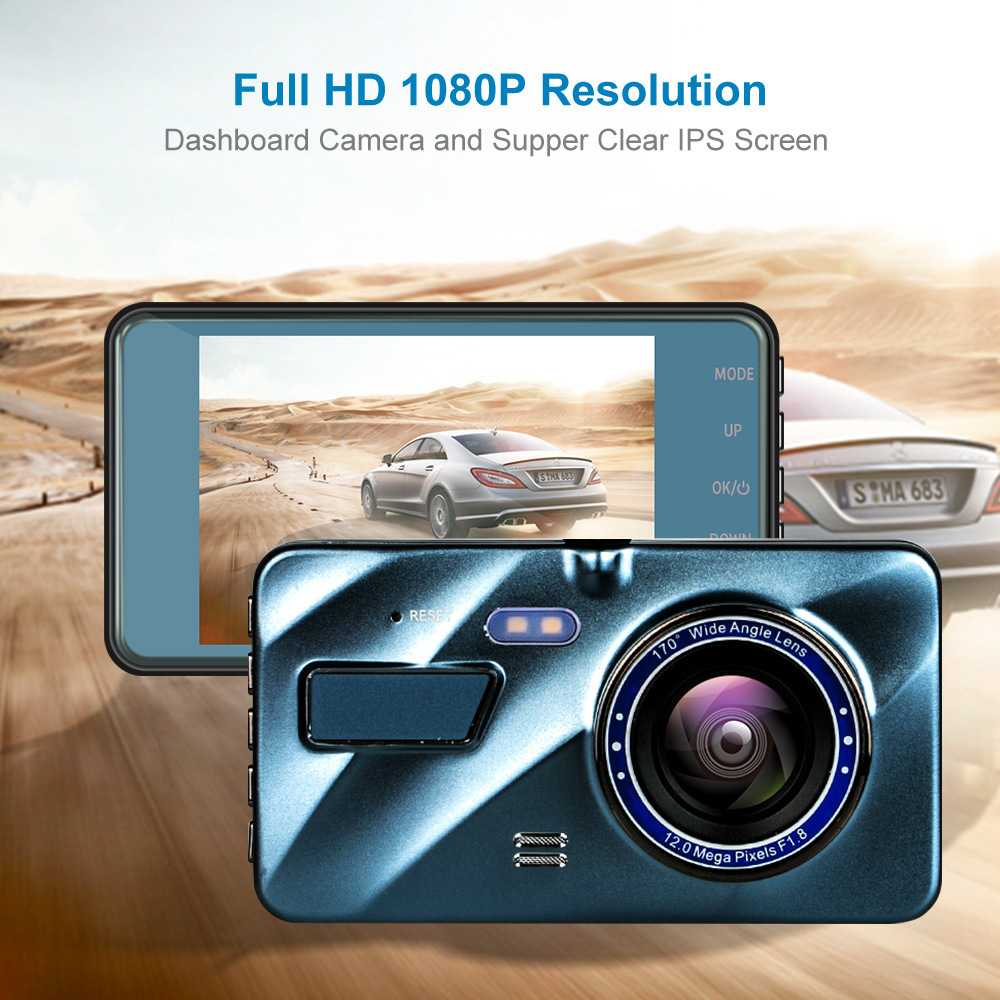 Touch Screen Dash Cam 4" 1080P Dual Lens Car DVR Recorder Front And