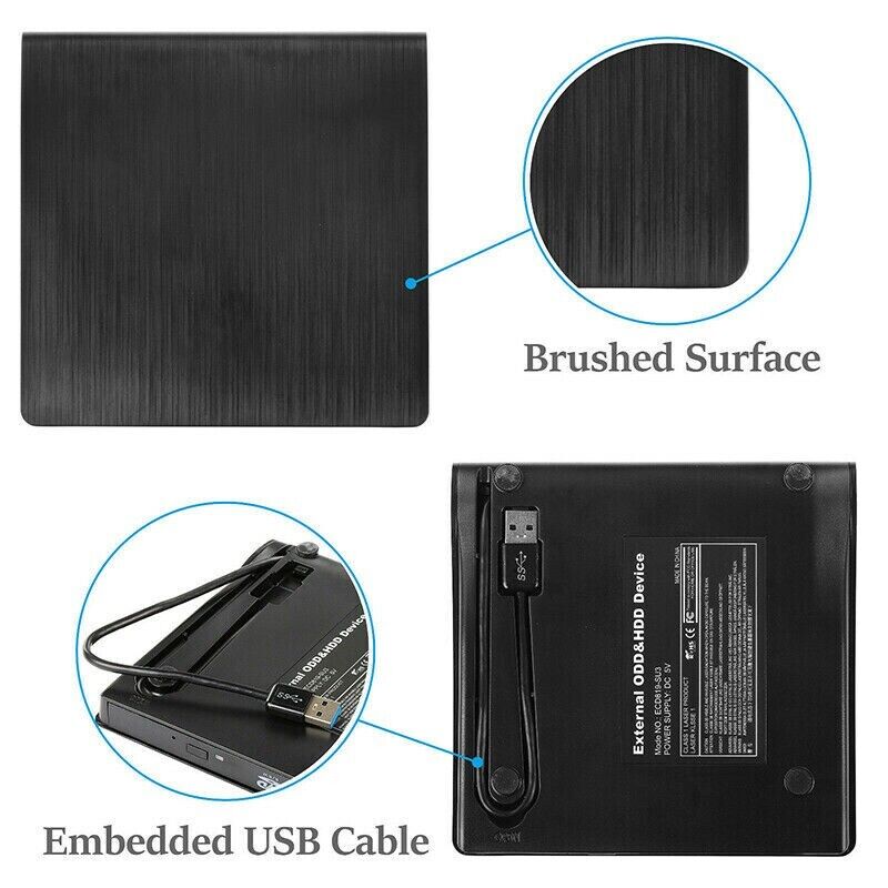 Slim External CD DVD RW Drive USB 3.0 Writer Burner Player Black For