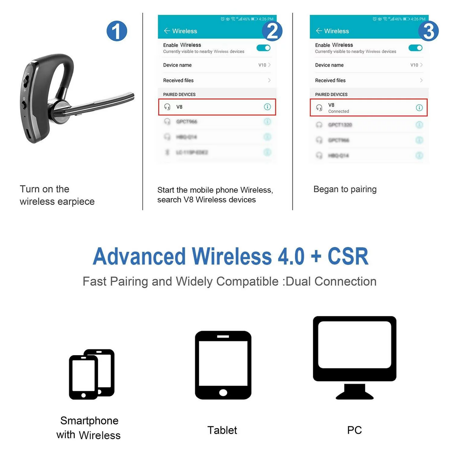 Bluetooth Earpiece Wireless Headset Noise Cancelling Headphones Driver