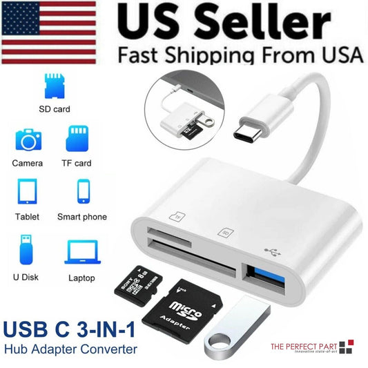 USB C 3 in 1 Hub Converter Type-C Adapter SD Card Reader For MacBook