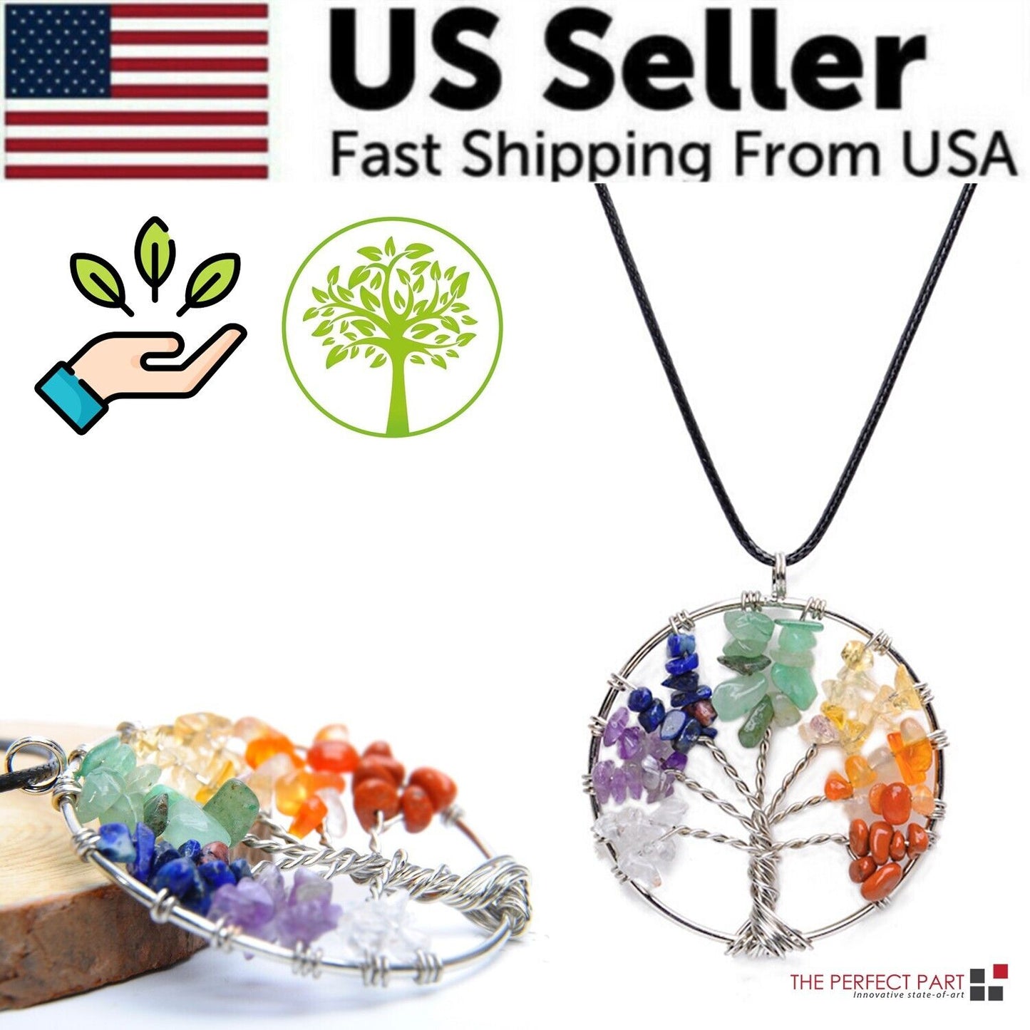 Tree of Life Pendant Necklace 7 Chakra Natural Gemstone Crystal Stones
