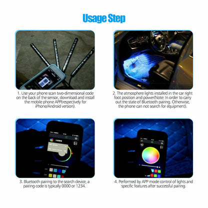 4X 48LED RGB Car Interior Atmosphere Light Strip Bar Bluetooth APP