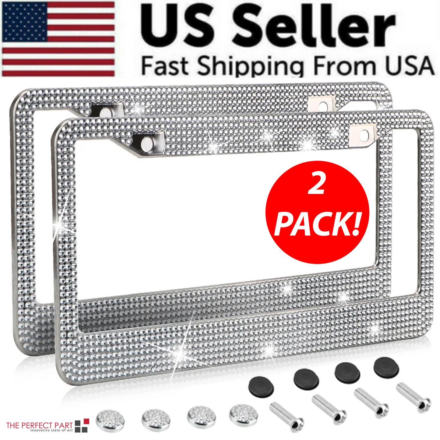 2PCS Bling License Plate Frame Glitter Crystal Sparkling Rhinestone