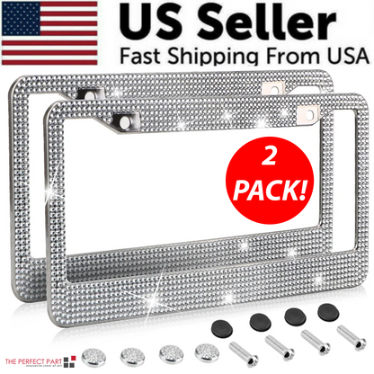 2PCS Bling License Plate Frame Glitter Crystal Sparkling Rhinestone