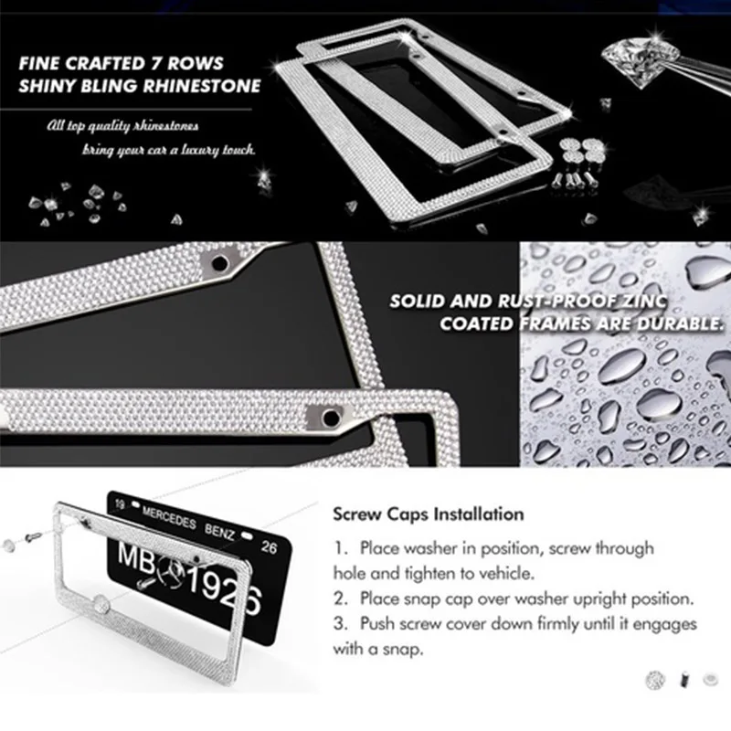 2PCS Bling License Plate Frame Glitter Crystal Sparkling Rhinestone