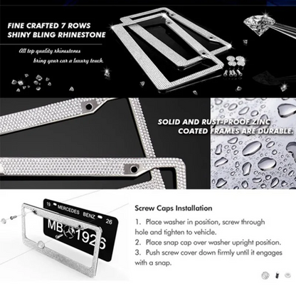 2PCS Bling License Plate Frame Glitter Crystal Sparkling Rhinestone