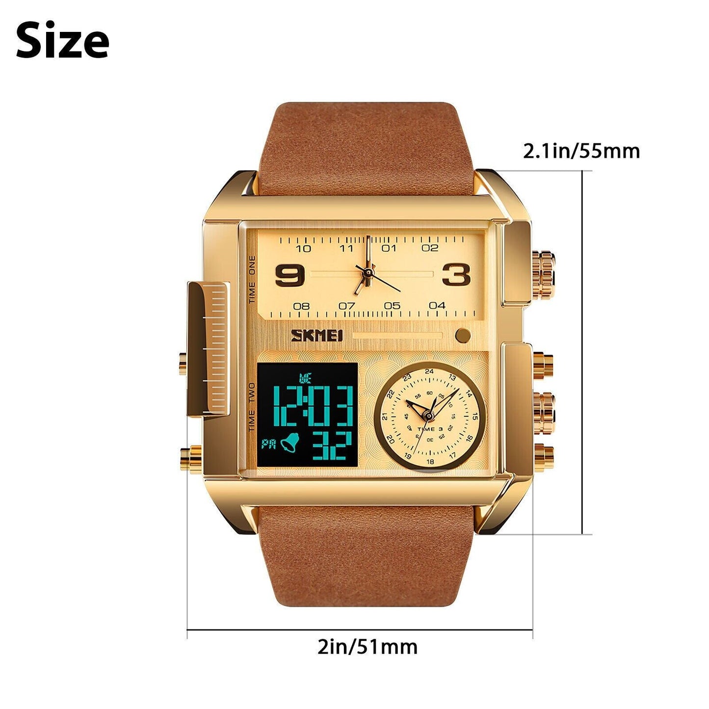 SKMEI Men Watch Large Dial Digital Quartz Sport Stopwatch Leather