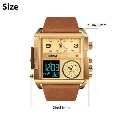 SKMEI Men Watch Large Dial Digital Quartz Sport Stopwatch Leather