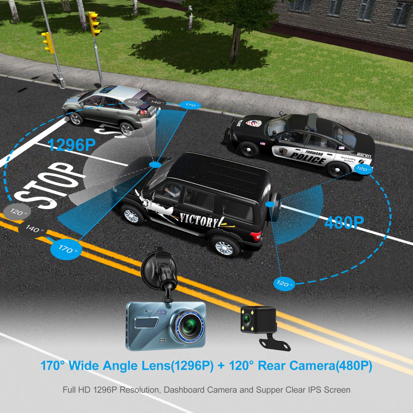Touch Screen Dash Cam 4" 1080P Dual Lens Car DVR Recorder Front And