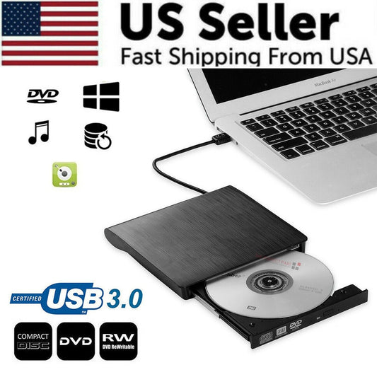 Slim External CD DVD RW Drive USB 3.0 Writer Burner Player Black For