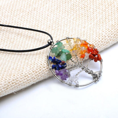 Tree of Life Pendant Necklace 7 Chakra Natural Gemstone Crystal Stones