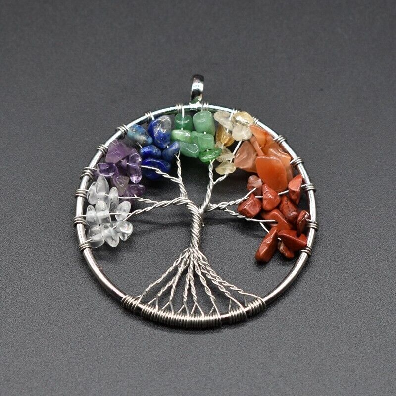 Tree of Life Pendant Necklace 7 Chakra Natural Gemstone Crystal Stones